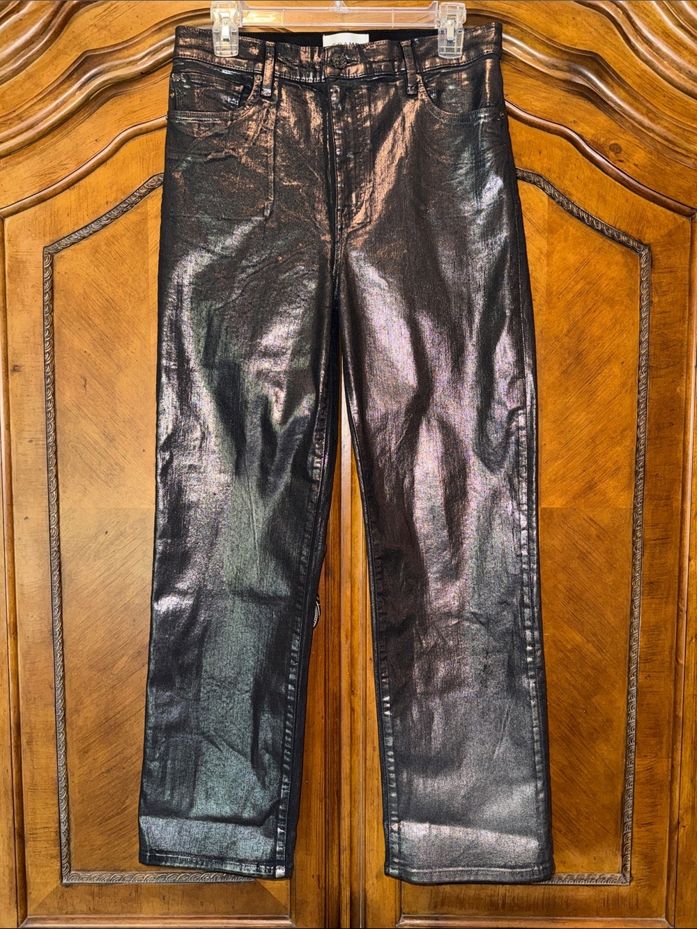 Frame Denim Shimmer Black Metallic Straight-Leg Pants